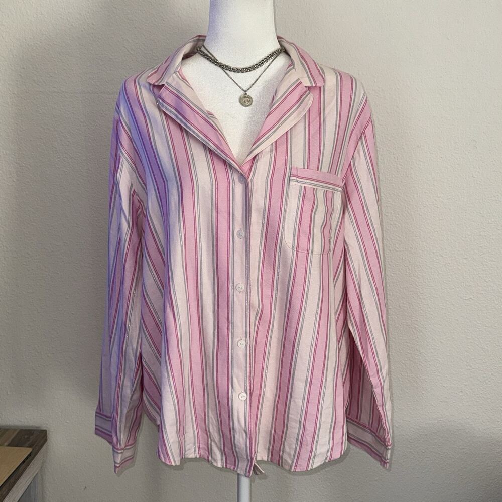 Victoria's Secret Pajama Top Womens Large Pink White Striped Button-Up Sleepwear
